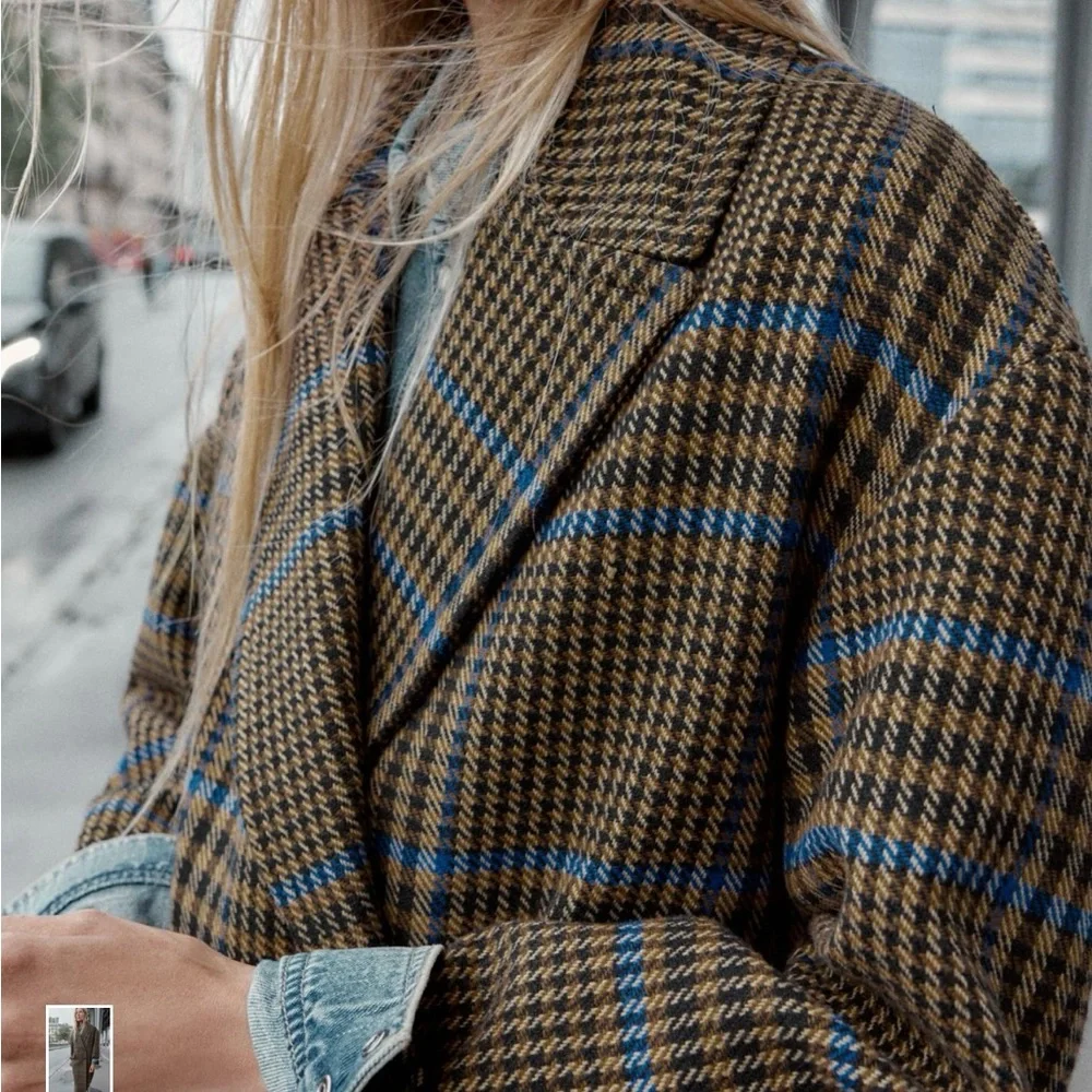 Zara Oversized Plaid Blue and Brown Check Coat - Picture 5 of 7